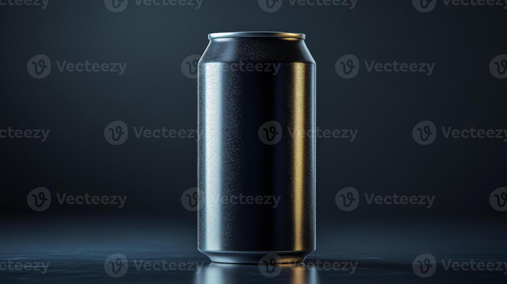 A black aluminum can stands upright on a reflective surface, spotlighted by a soft glow from above. The design showcases simplicity and elegance with no labeling or branding. photo