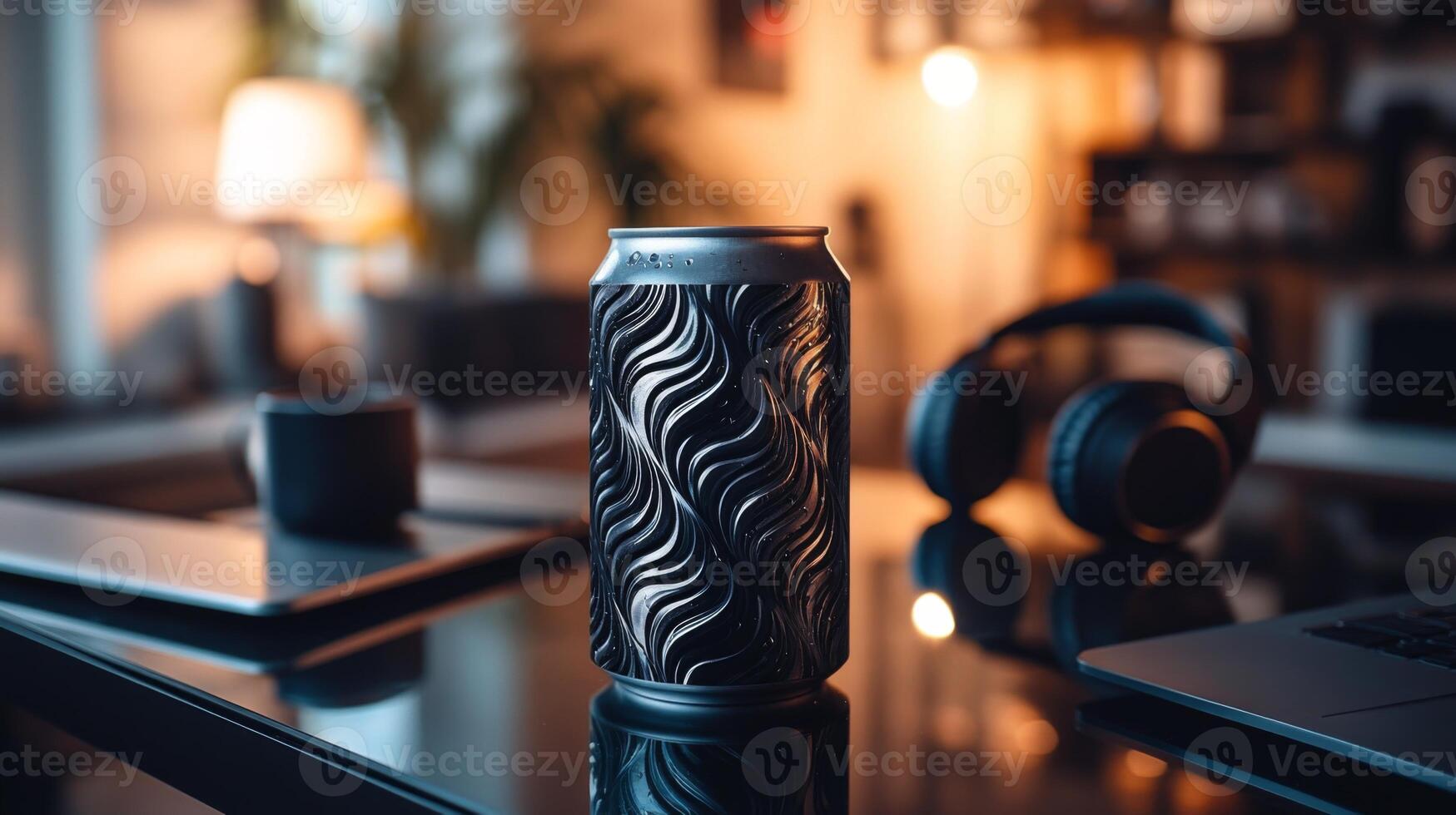 A stylish beverage can with a wave pattern sits on a reflective table in a well-lit modern workspace. Surrounding items include headphones and a sleek laptop, creating a cozy atmosphere. photo