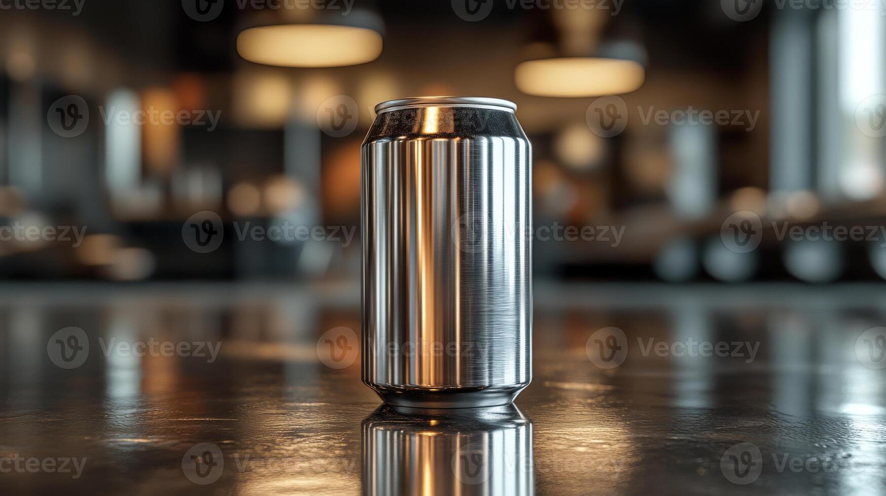 A sleek metal can is positioned on a shiny table surrounded by an inviting atmosphere. Soft, warm light from overhead fixtures creates an appealing ambiance in a contemporary cafe during the evening. photo