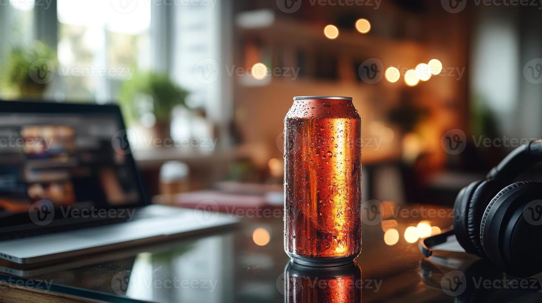 A cold beverage can with condensation rests on a table beside a laptop and headphones, creating a relaxed atmosphere with soft lighting in a cozy room. photo