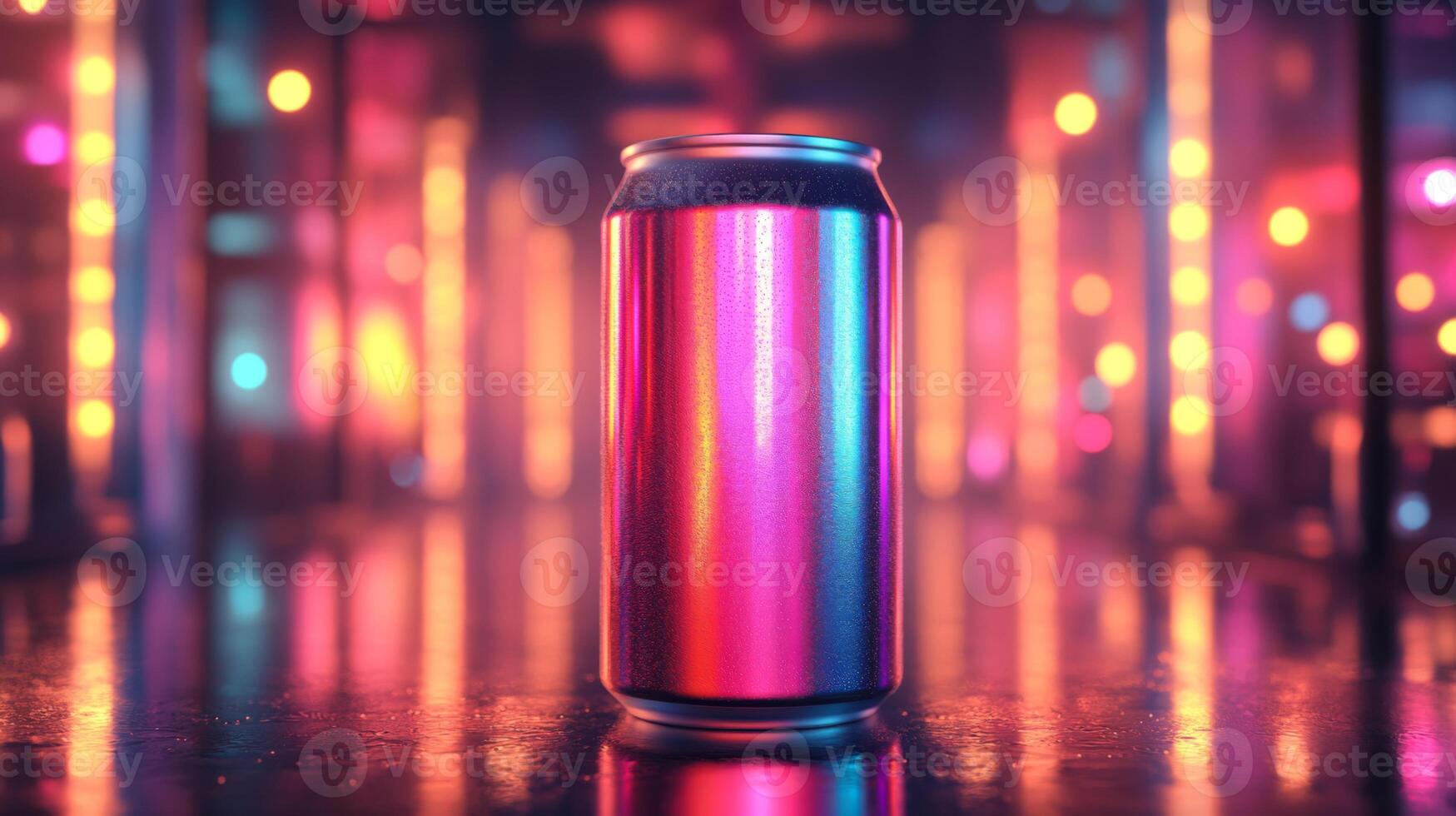 A brightly colored can stands in the center of a nightlife setting, surrounded by glowing lights that create an energetic atmosphere. The vibrant hues reflect off the surfaces, enhancing the scene. photo