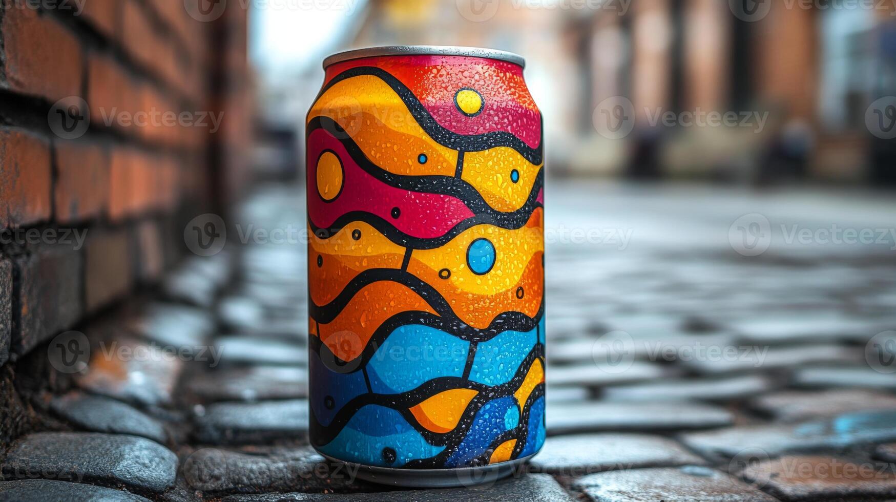 A vividly designed can with swirling patterns of blue, yellow, pink, and orange sits on a cobblestone street. The scene is lively with blurred figures in the background, indicating activity. photo