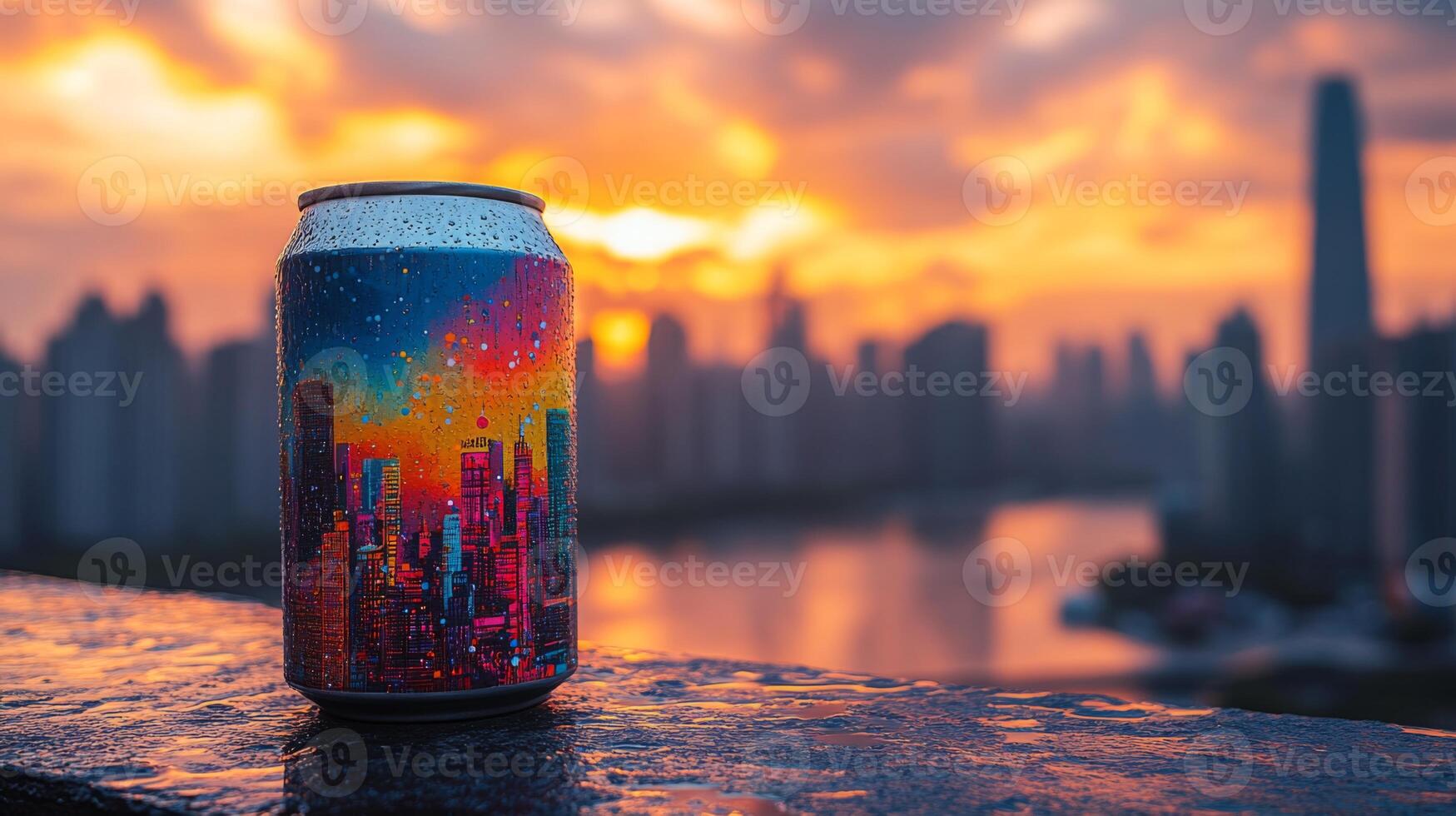 A colorful can sits on a wet ledge, capturing the brilliant hues of a sunset illuminating the city skyline in the background. Reflections shimmer on the water. photo