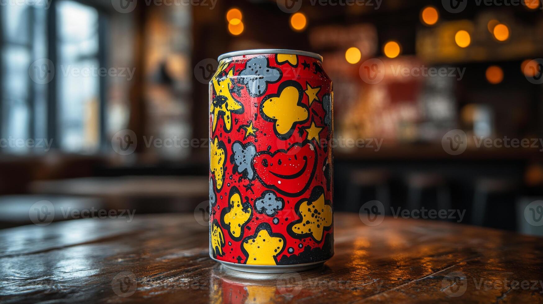 A vibrant beverage can with playful designs sits on a polished wooden table in a bustling nightlife setting. The warm glow of ambient lighting adds to the energetic atmosphere. photo