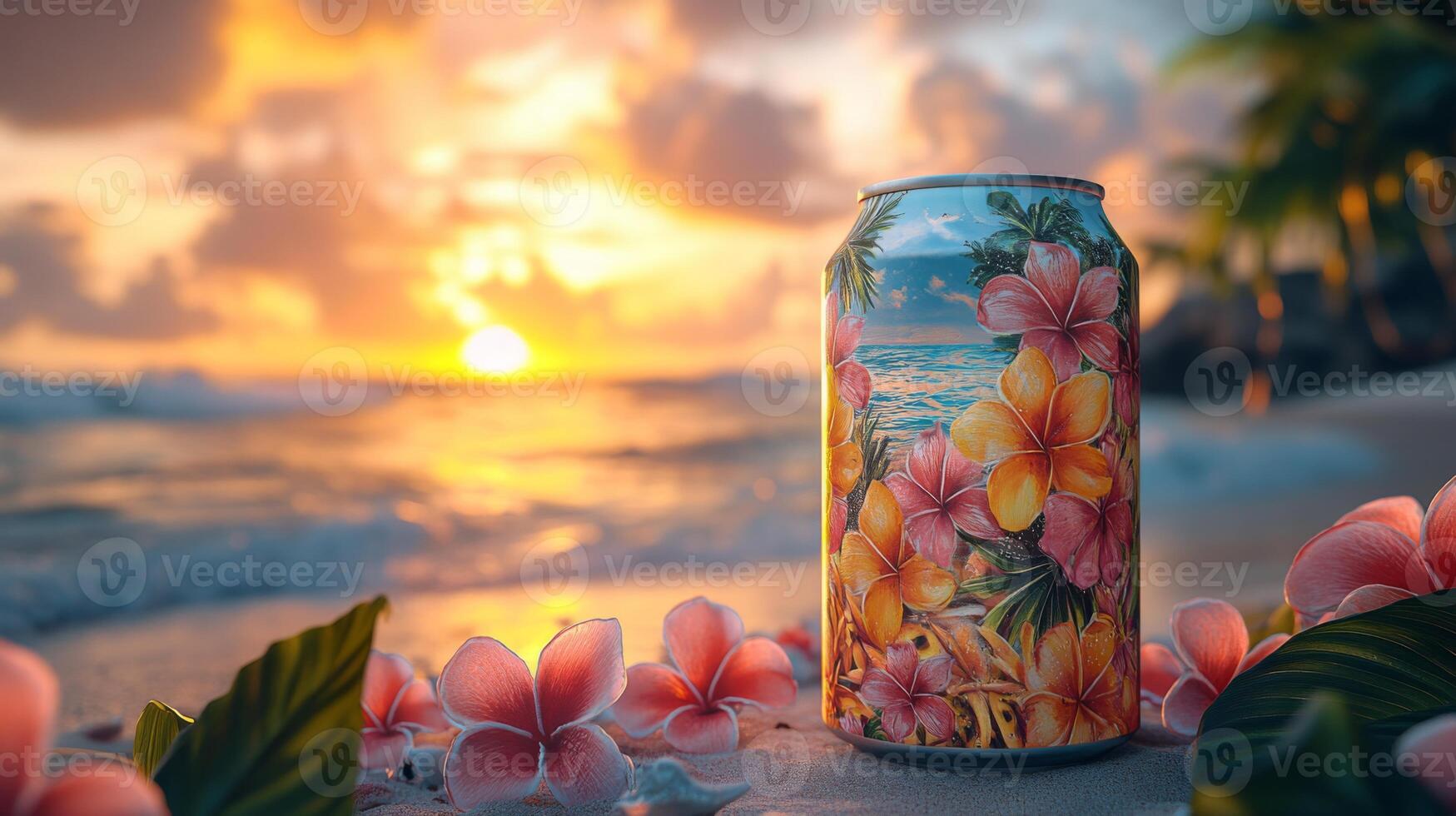 A vibrant beverage can rests on the sandy shore, adorned with tropical flowers. The sun sets over the ocean, casting warm hues, while gentle waves lap at the beach. photo