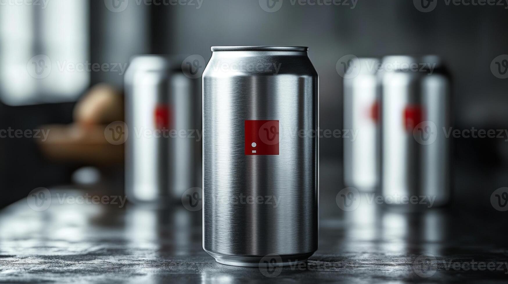 A collection of sleek silver aluminum cans is arranged on a dark surface, showcasing a simple red square design. The soft glow of early evening light enhances the minimalistic aesthetic. photo