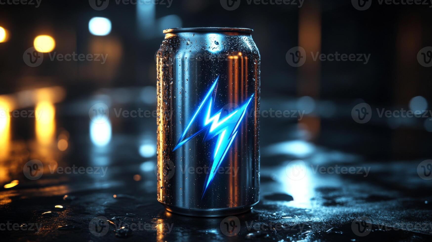 A metallic can of sparkling drink stands out with a striking blue lightning design. It is sitting on a wet surface, with ambient light creating a dramatic atmosphere at night. photo