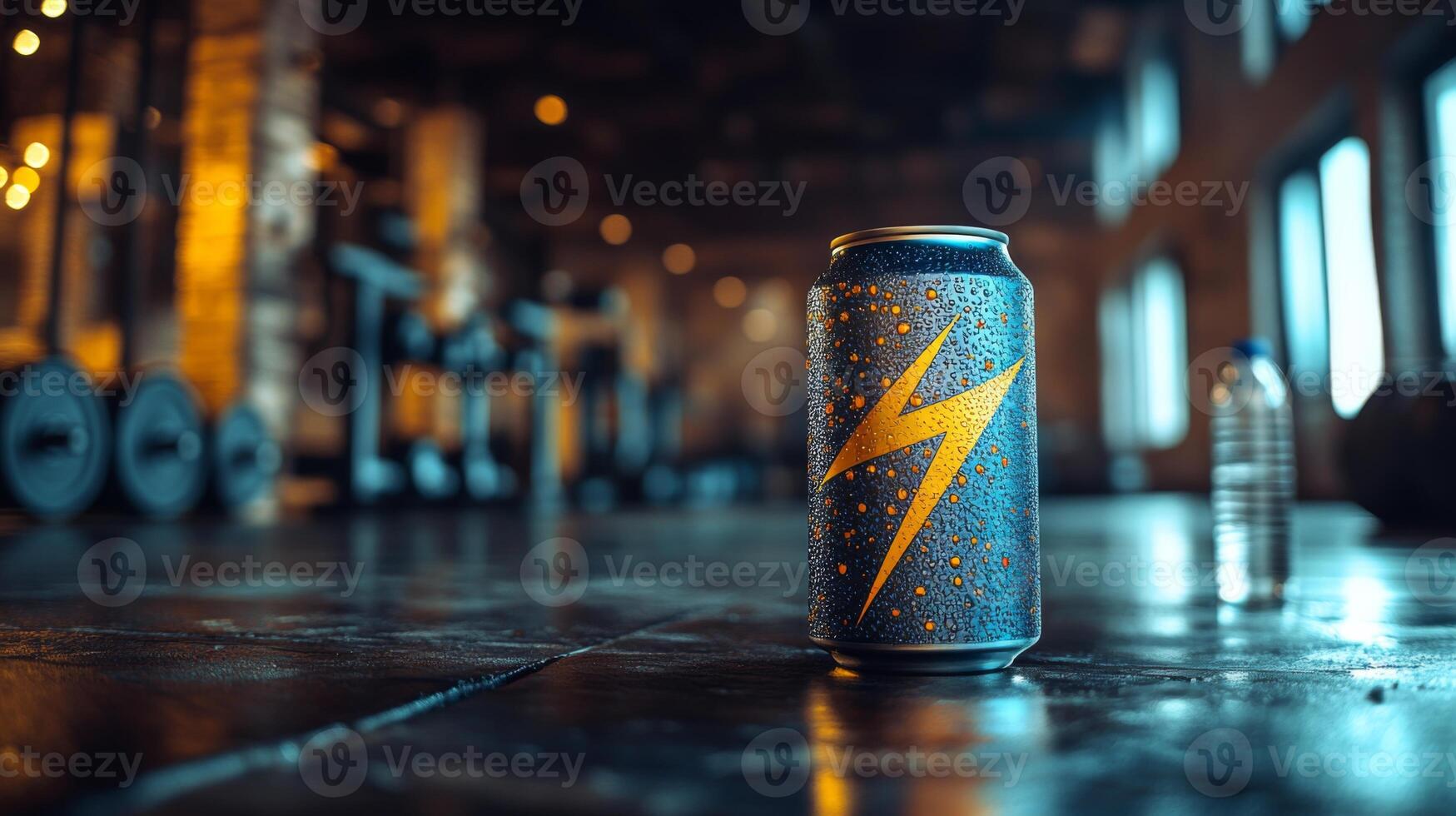 A can of energy drink sits on the floor of a gritty gym, displaying a vibrant lightning bolt design. Nearby, a water bottle and weights create a motivational atmosphere. photo