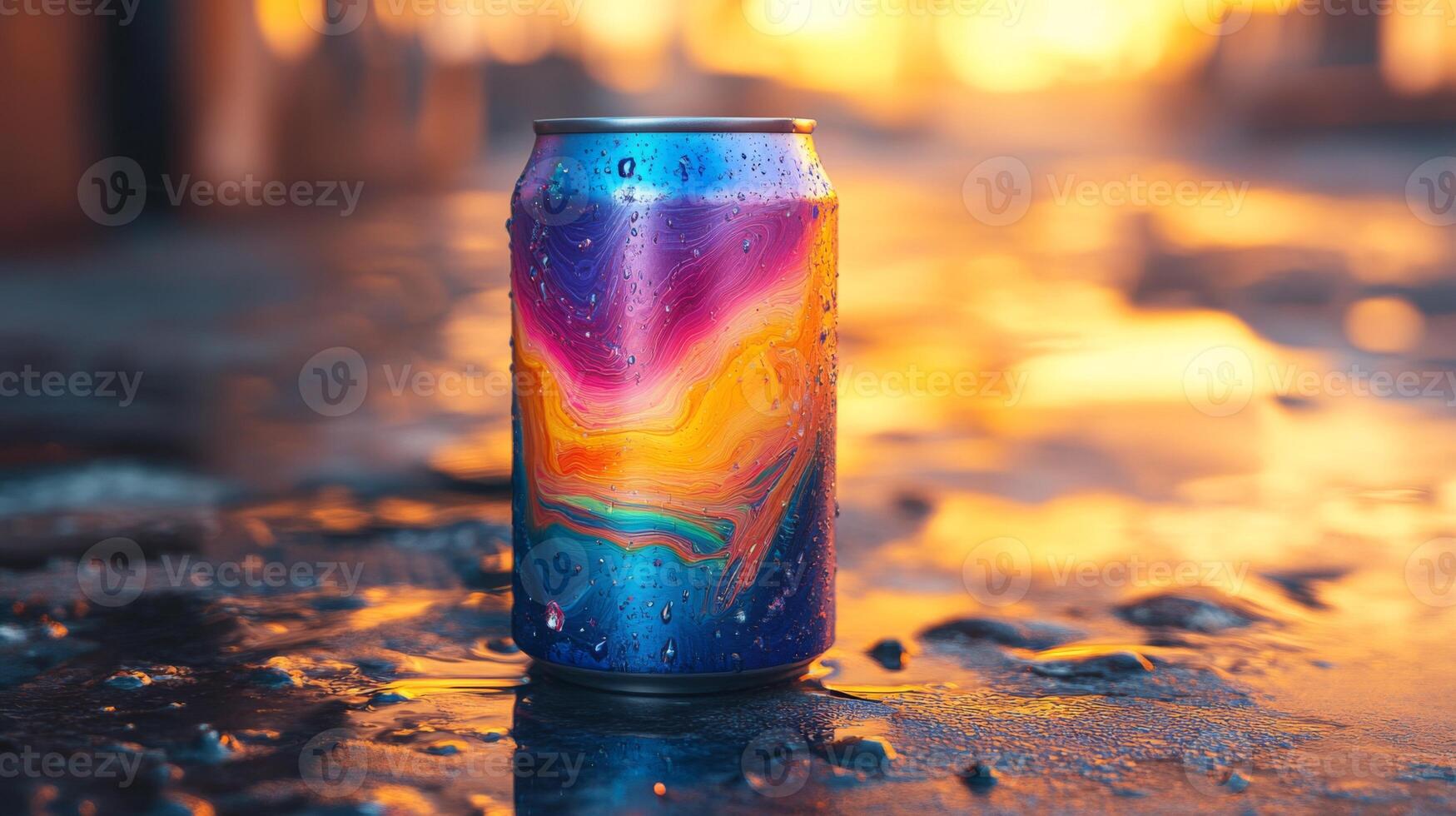A vibrant can of drink featuring colorful abstract art stands on a wet surface. The golden hues of sunset create stunning reflections as droplets adorn the can. photo