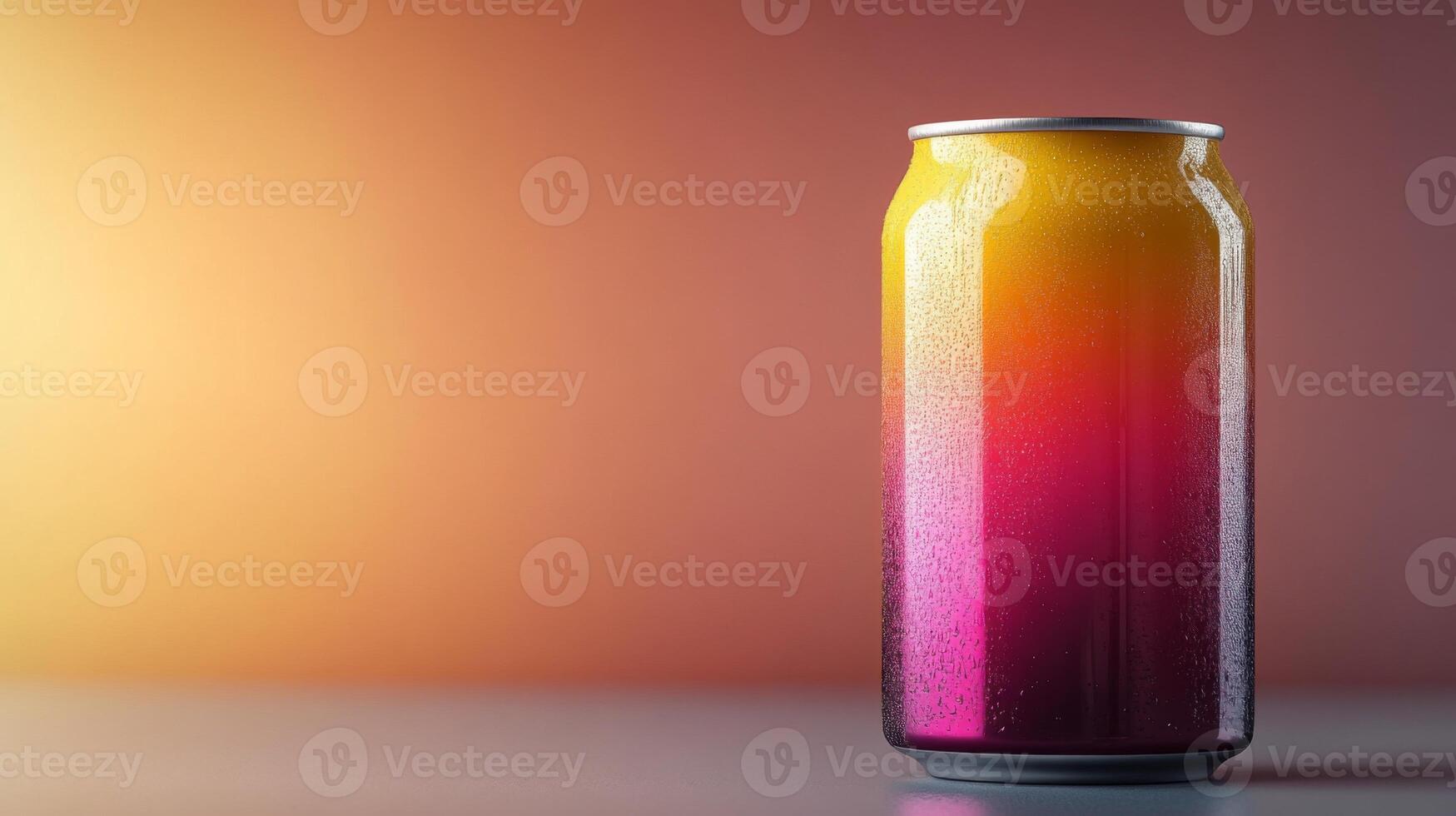 A cold can of beverage showcases a stunning gradient of yellow, orange, and pink hues. The can glistens with condensation, suggesting refreshment. photo