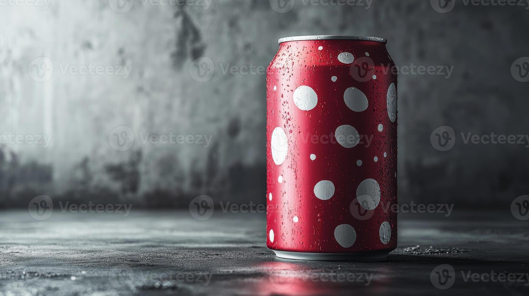 A vibrant red can adorned with bold white polka dots rests on a rough surface. The can is surrounded by a dimly lit atmosphere, water droplets clinging to its surface, adding an appealing texture. photo