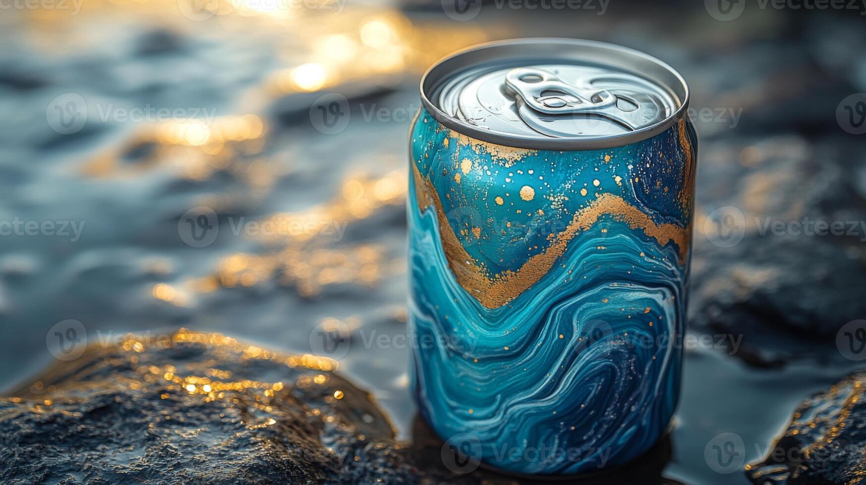 A vibrant can with a blue and gold design is placed on wet rocks. The water reflects golden light during sunset, enhancing the tranquil atmosphere. photo