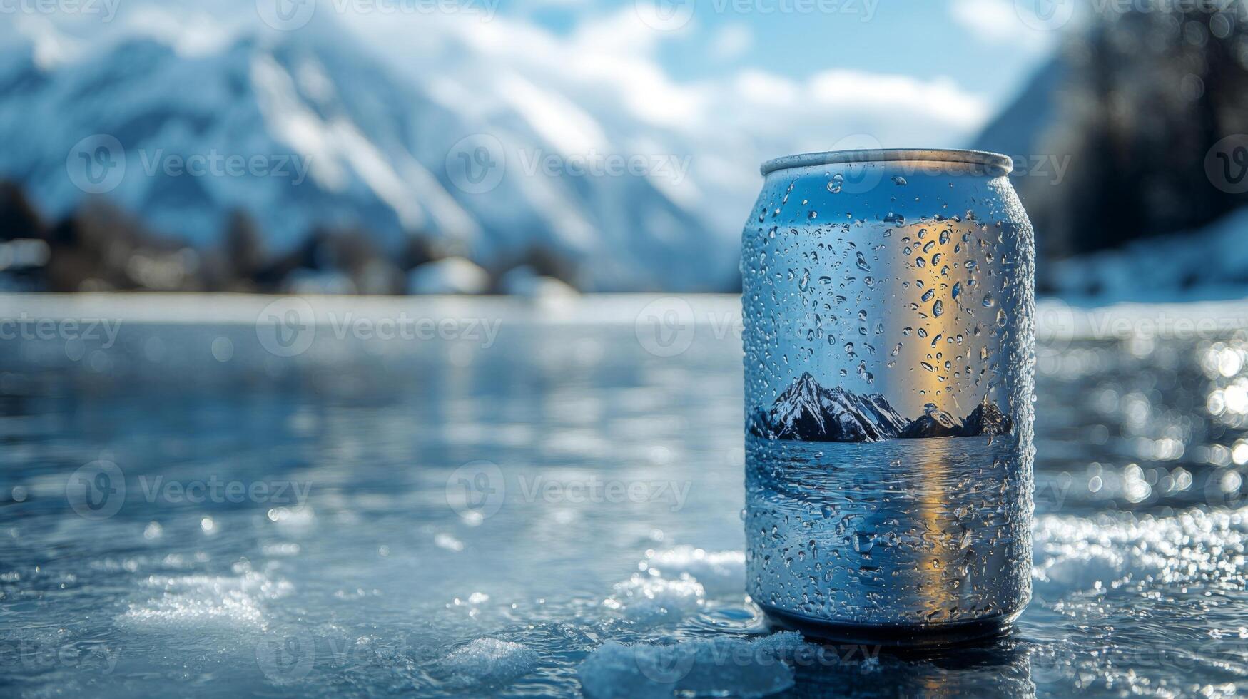 A can of cold drink stands on a frozen lake, covered in droplets, with majestic mountains and a clear blue sky creating a serene winter atmosphere. photo