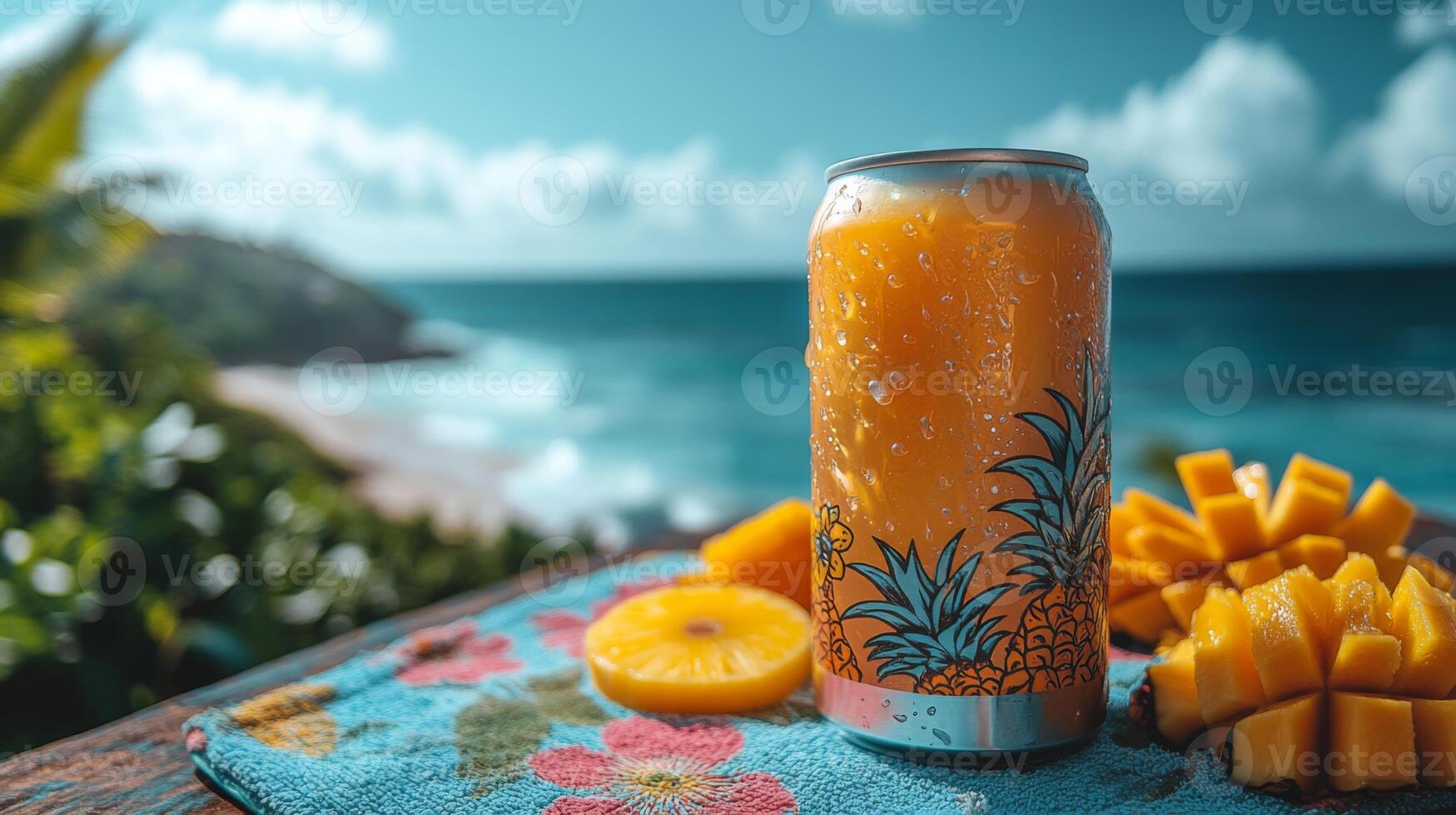 A vibrant canned beverage sits on a colorful towel beside freshly cut mango and a slice of pineapple, against a backdrop of a sunny beach and ocean waves. photo
