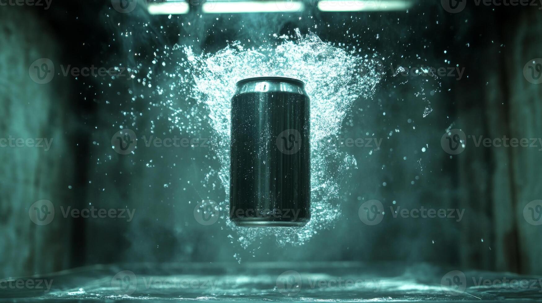 A black can of beverage hovers above a surface, surrounded by splashing water and mist. Glowing lights create a dramatic atmosphere in a dark setting, highlighting the can's design. photo