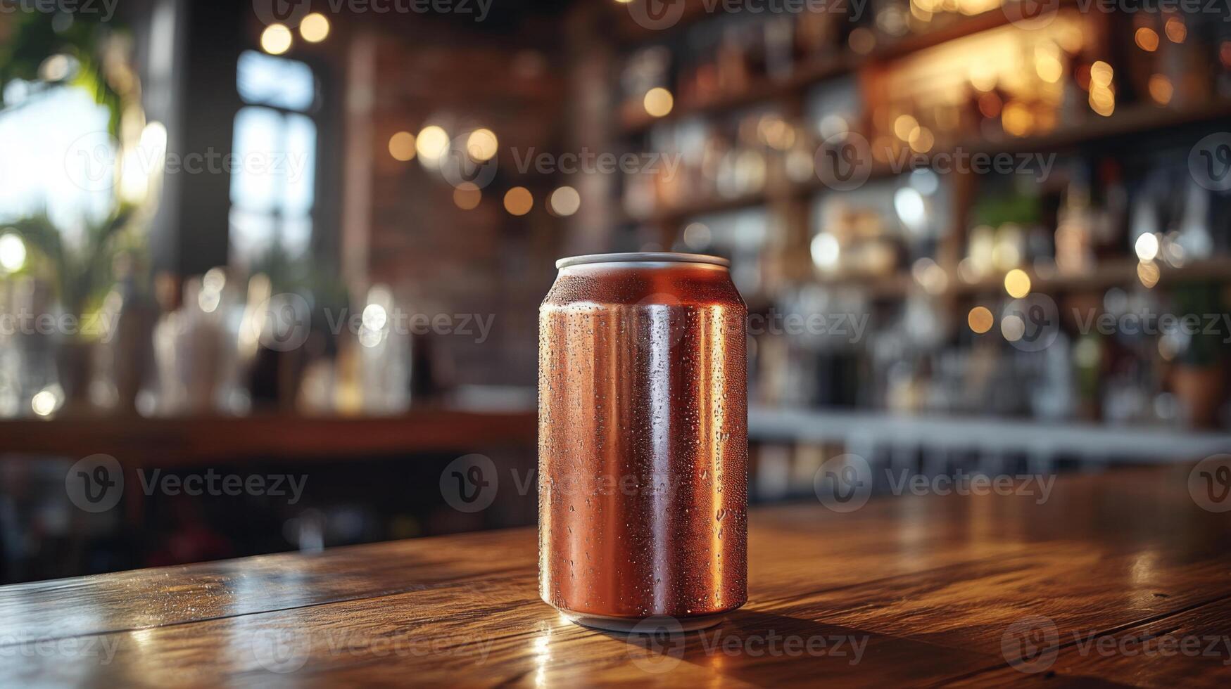 A chilled beverage can stands on a polished wooden table in a modern bar. Warm, ambient lighting and a backdrop of shelves create an inviting atmosphere for guests. photo