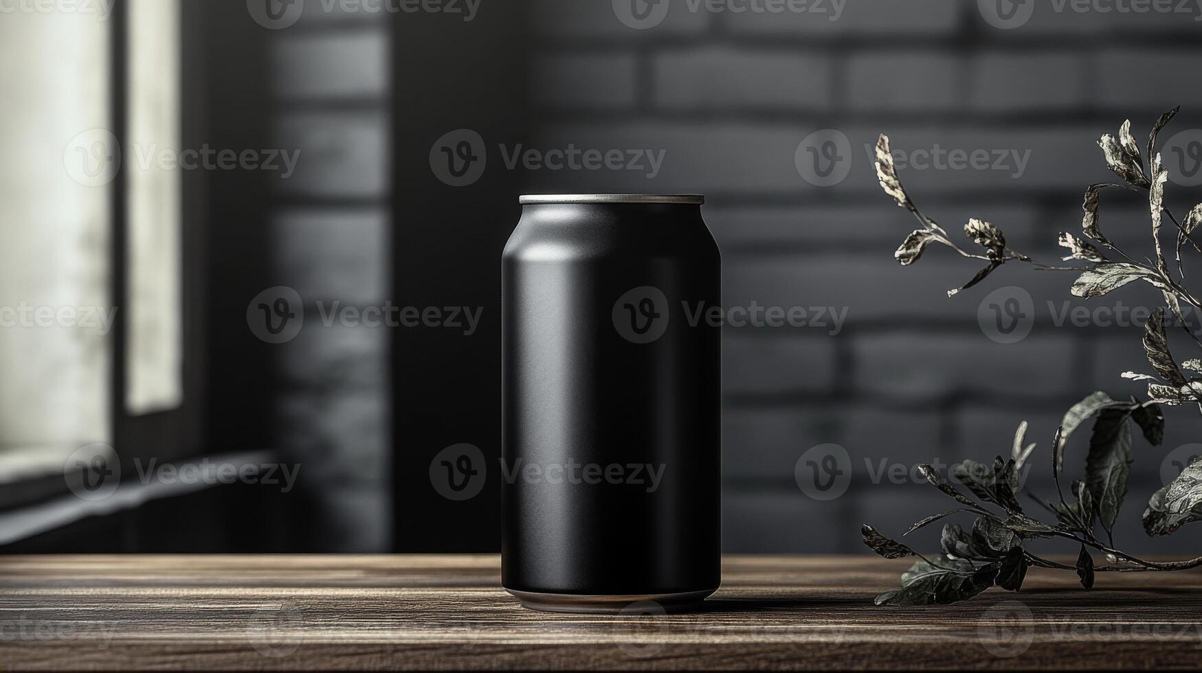 A black beverage can stands on a rustic wooden table beside delicate plants, bathed in soft light from a nearby window, suggesting a cozy atmosphere. photo