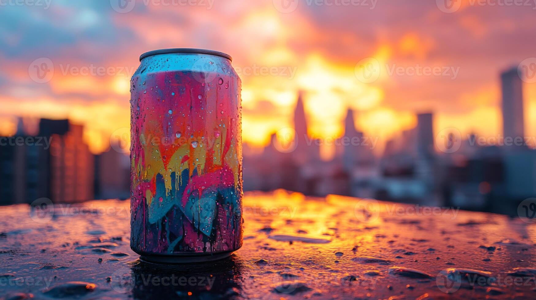 A bright can sits on a wet surface, glistening under droplets of water. The backdrop features a beautiful sunset illuminating a city skyline in warm hues during dusk. photo