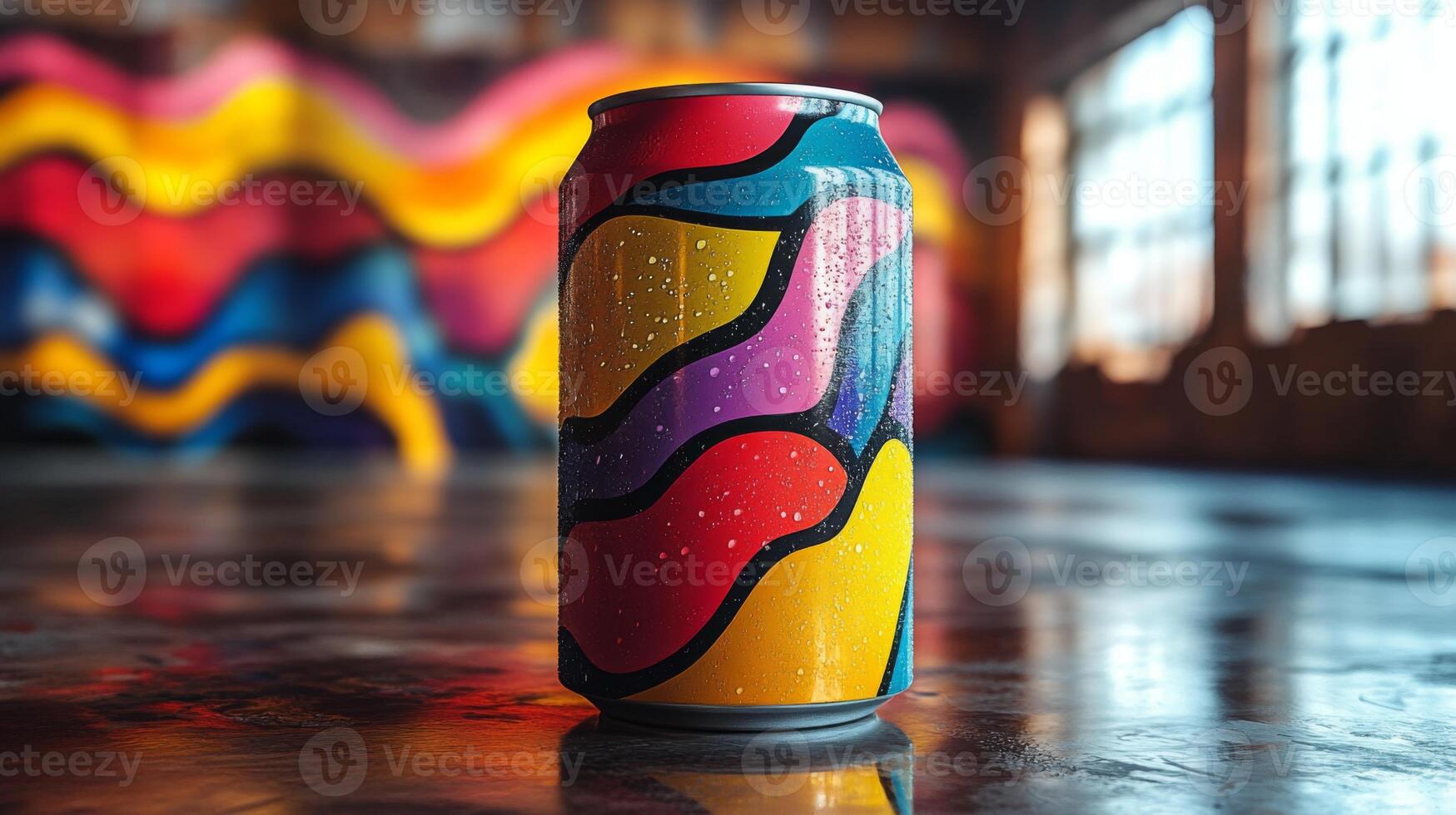 A uniquely designed beverage can stands upright, showcasing a vivid pattern. In the background, an artistic mural with bold colors adds to the dynamic atmosphere of the studio. photo