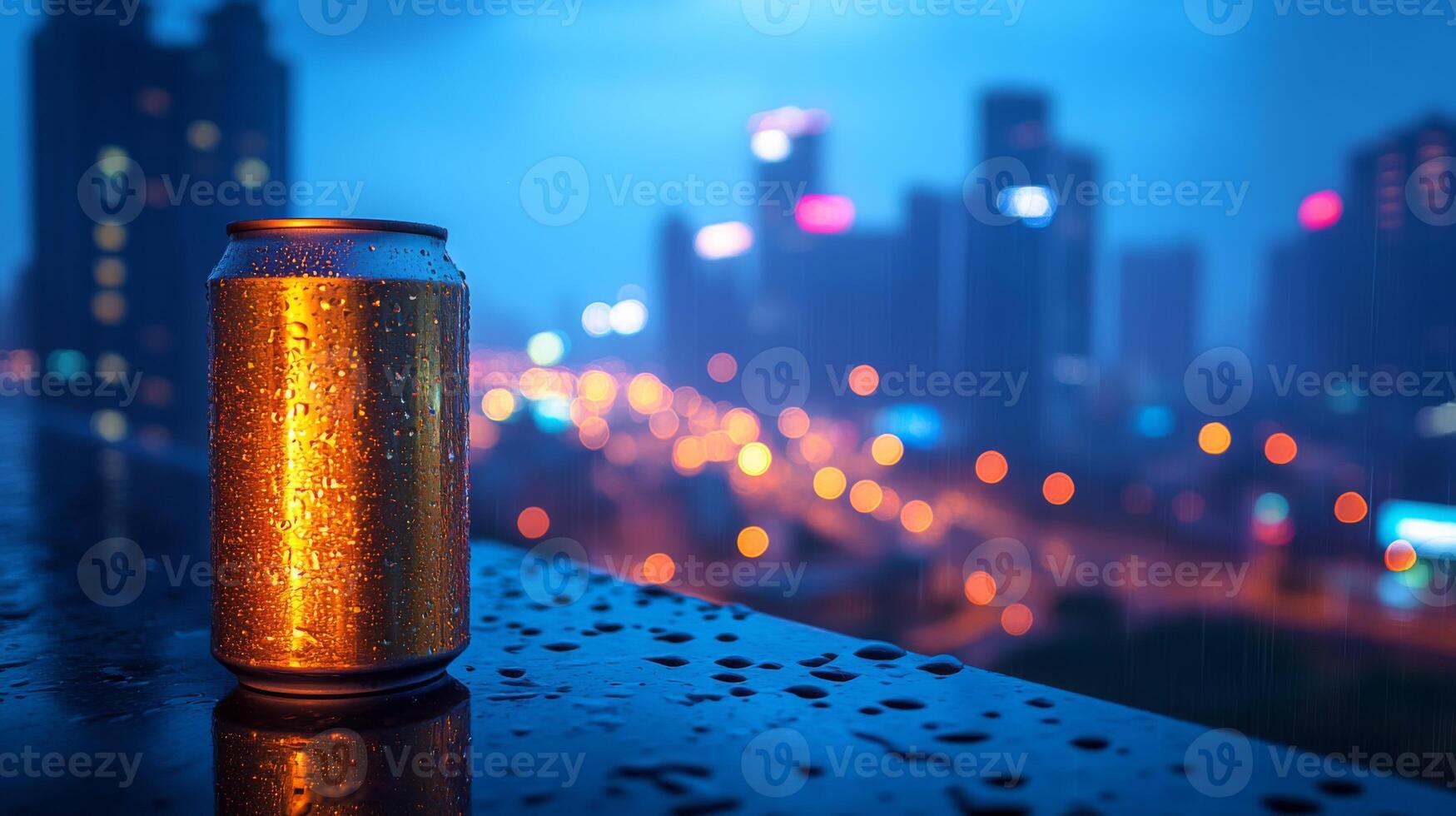 A cold can rests on a wet ledge during a rainy evening. The city skyline glows in the background, illuminated with colorful lights and soft rain. photo