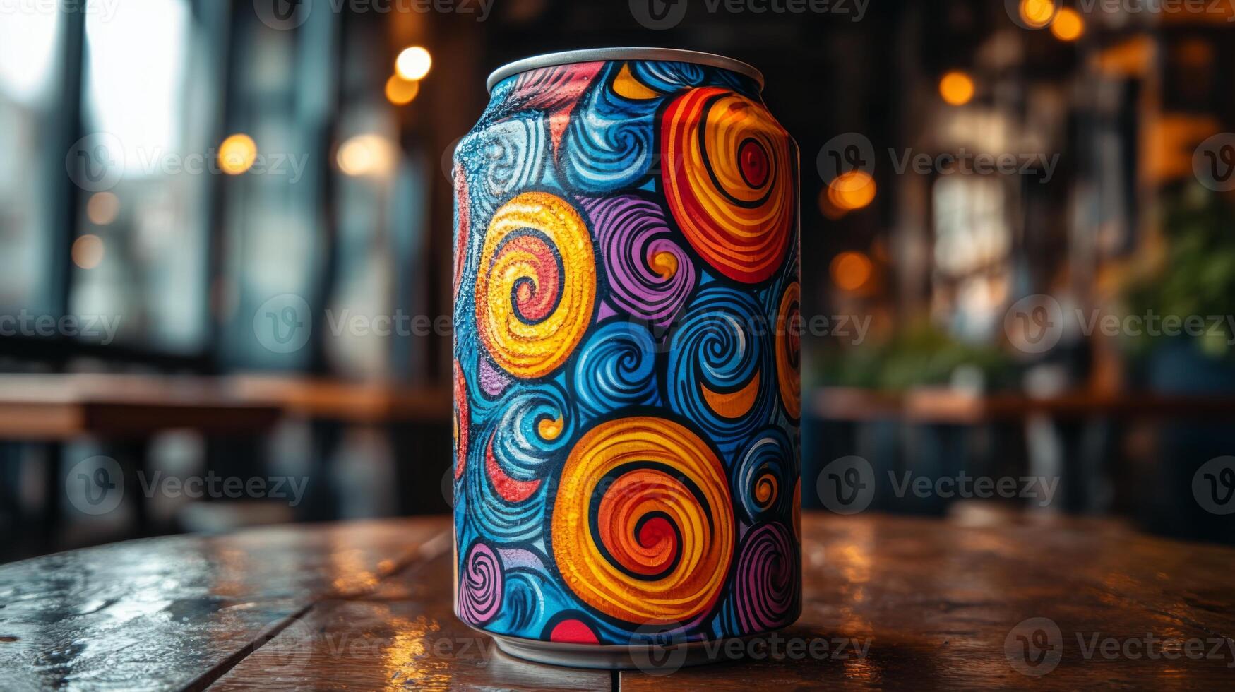 A vibrant can with swirling patterns displays artistic colors on a wooden table in a cozy urban cafe. Dim lighting enhances the creative ambiance of the evening setting. photo