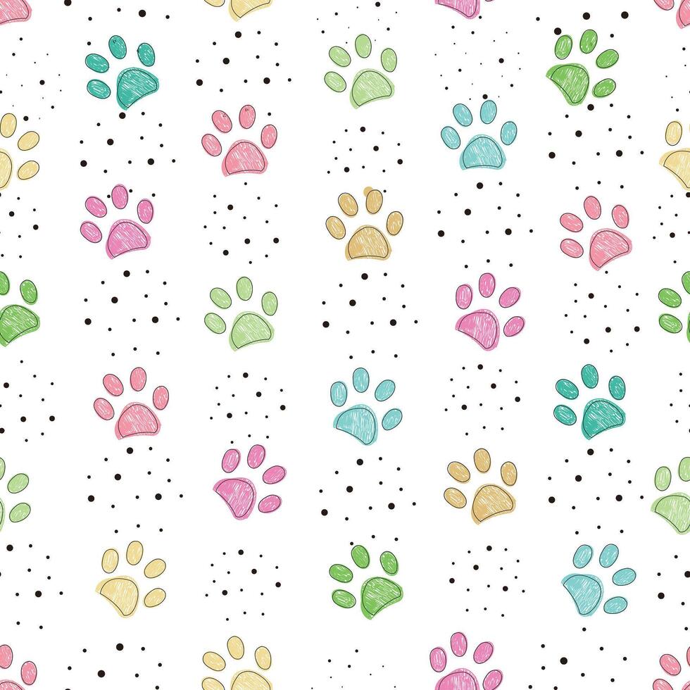 Colorful paw prints with dots seamless pattern vector