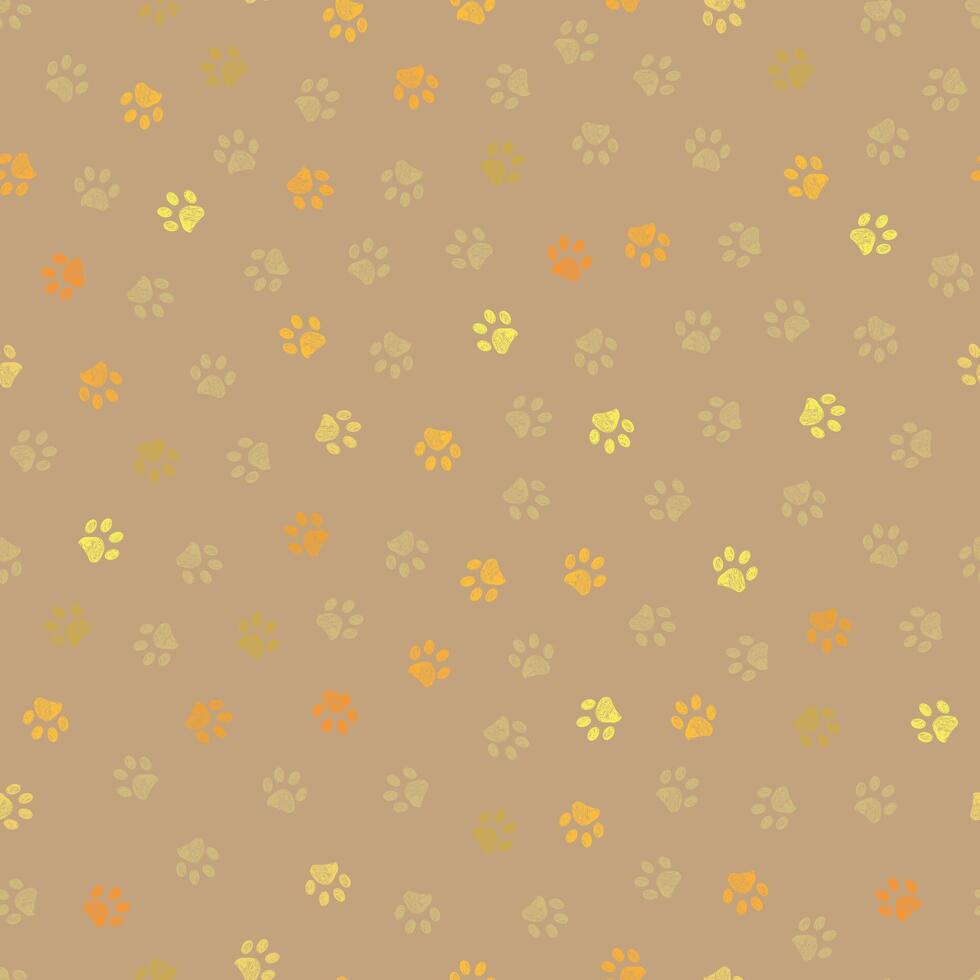 Golden colored paw print seamless fabric design repeated pattern with light brown vector