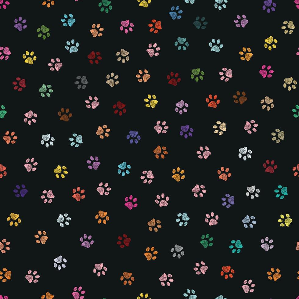 Multi colored vibrant paw print seamless fabric design repeated pattern vector