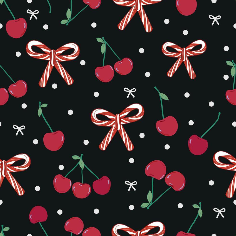 Cherries with candy cane Christmas design background. Seamless fabric design vector