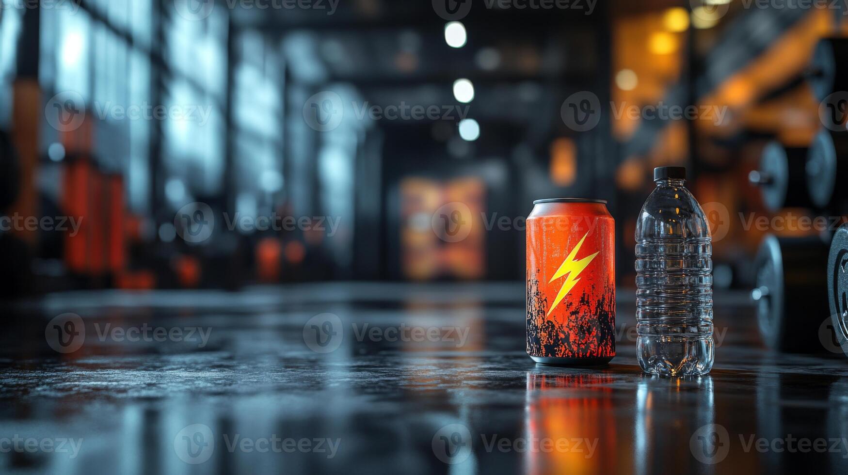 A vibrant energy drink can and a clear water bottle sit side by side on a polished gym floor. The background shows workout equipment and dim lighting, indicating a busy fitness environment. photo