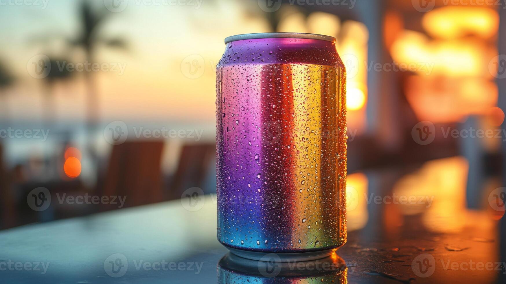 A colorful beverage can glistens with condensation as the sun sets over the ocean, creating a vibrant backdrop of warm colors. The scene captures relaxation at a beachside setting. photo