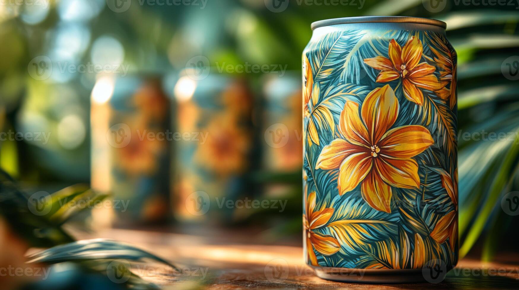 A vibrant beverage can with tropical flower designs rests on a wooden surface, surrounded by green foliage and sunlight, creating a refreshing vibe. photo