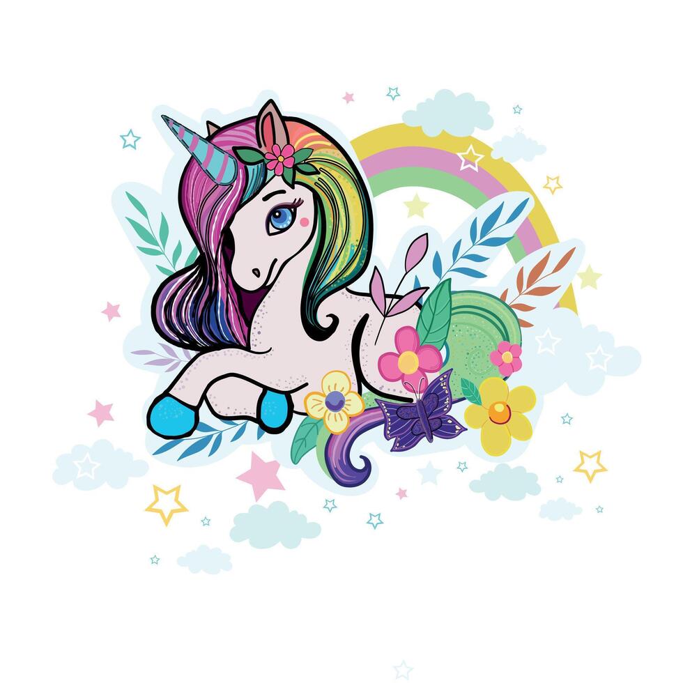 Unicorn with flowers cloud and stars vector