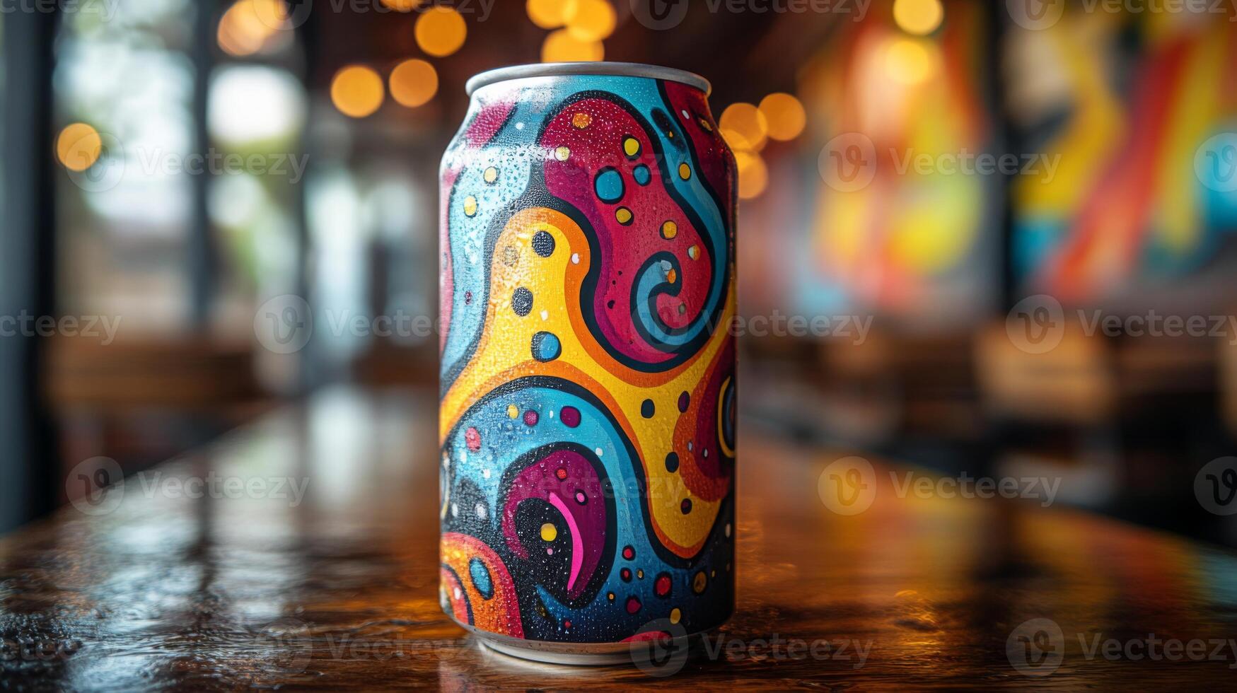 A vividly designed can of beverage stands on a polished wooden table inside a creatively decorated cafe. Bright lights and colorful patterns adorn the walls, enhancing the lively atmosphere. photo