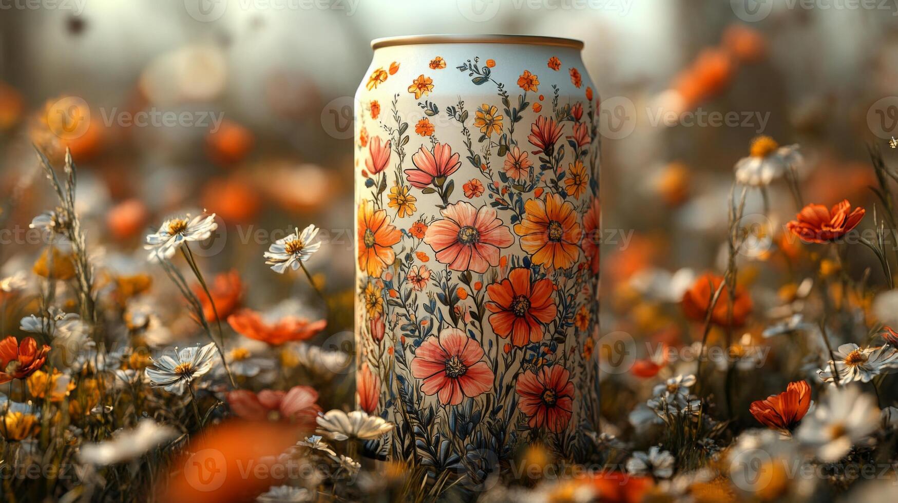 A can featuring intricate floral patterns stands out amidst a field of blooming wildflowers. This lively spring setting showcases abundant colors and textures. photo