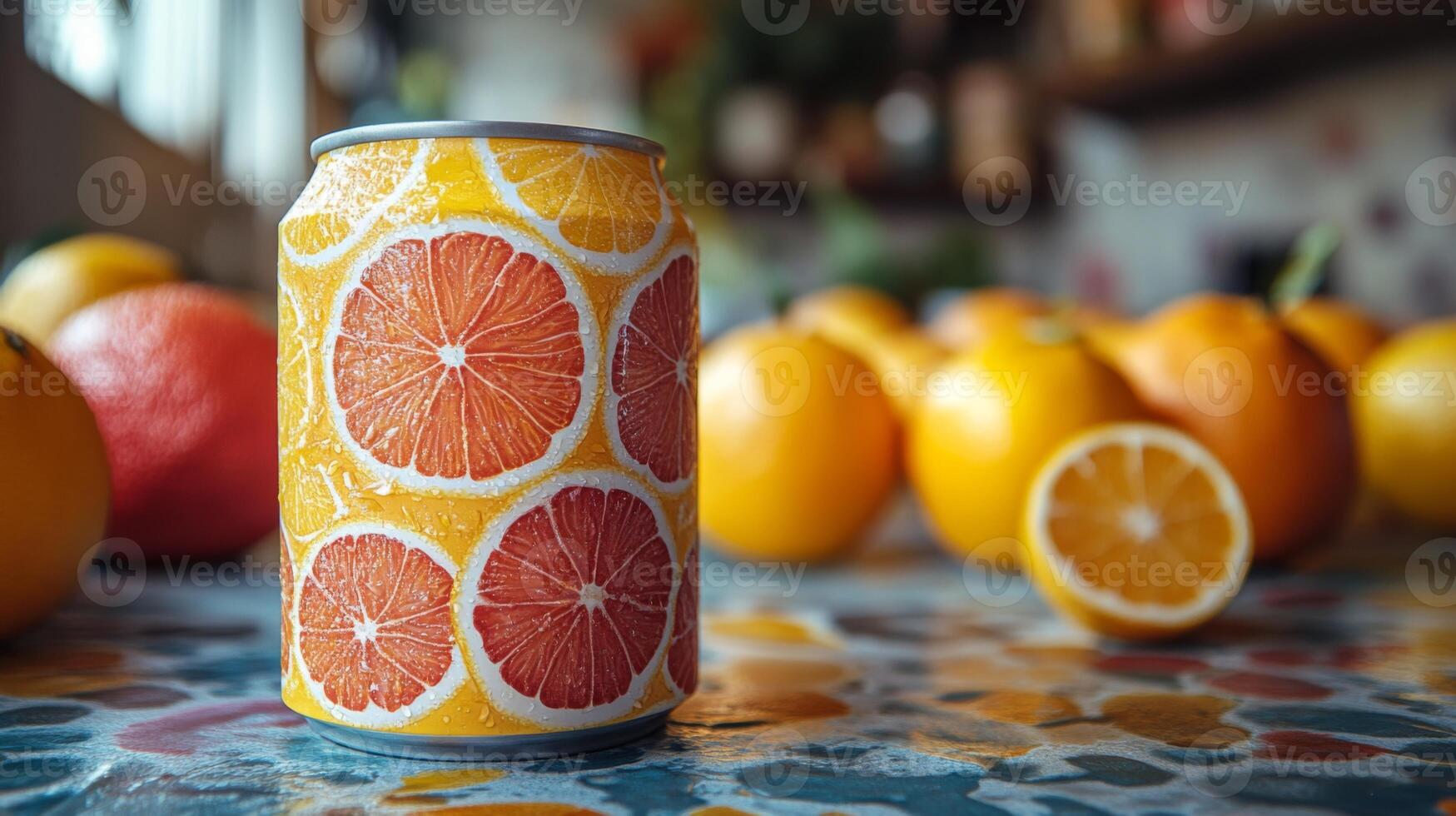 A vibrant soda can decorated with sliced oranges, is positioned amidst a variety of fresh oranges on a uniquely patterned surface in a sunny kitchen. photo