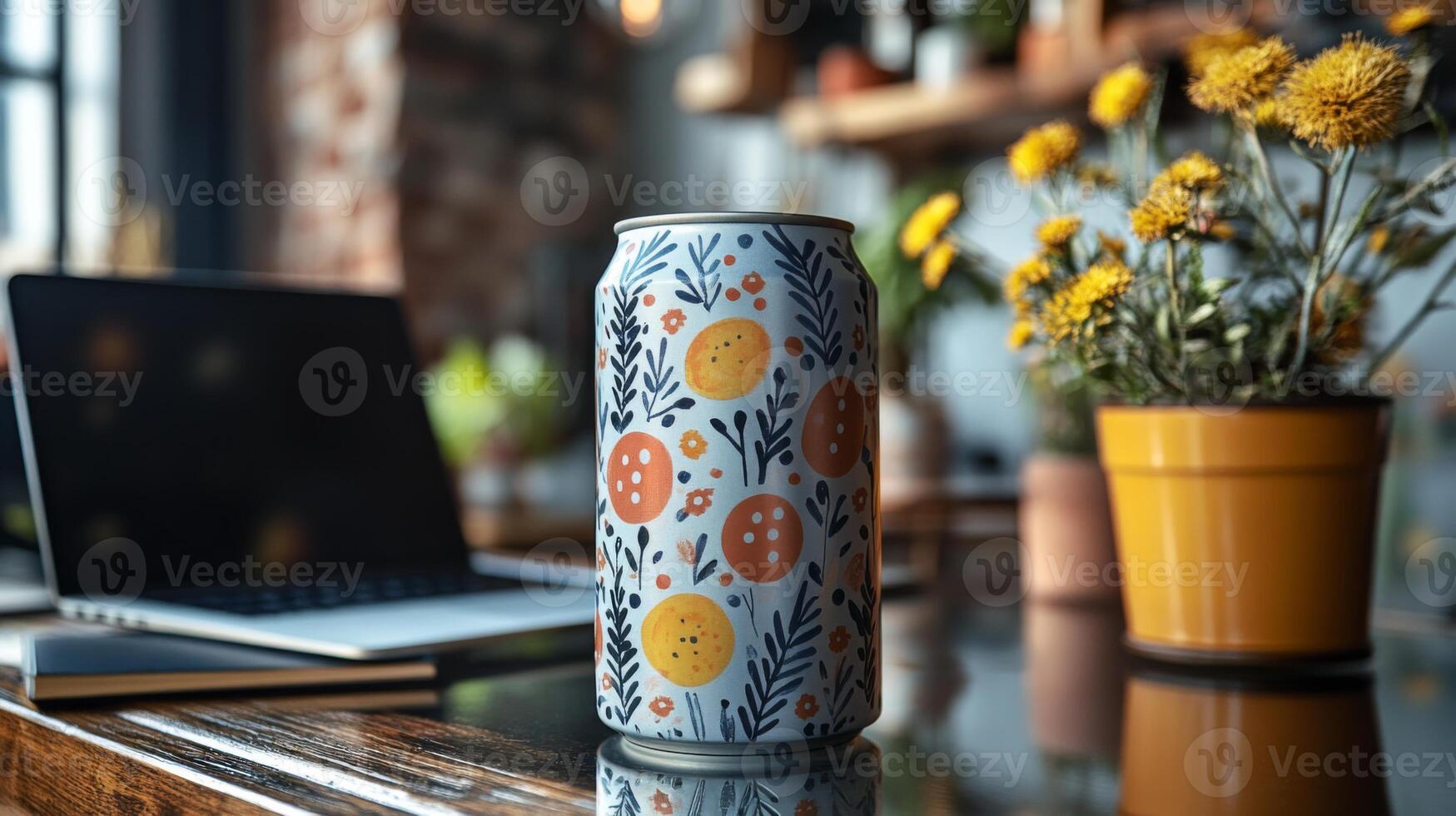 A decorative beverage can rests on a glossy wooden table in a cozy cafe. Nearby, a laptop and a pot of yellow flowers add to the inviting atmosphere of the space. photo