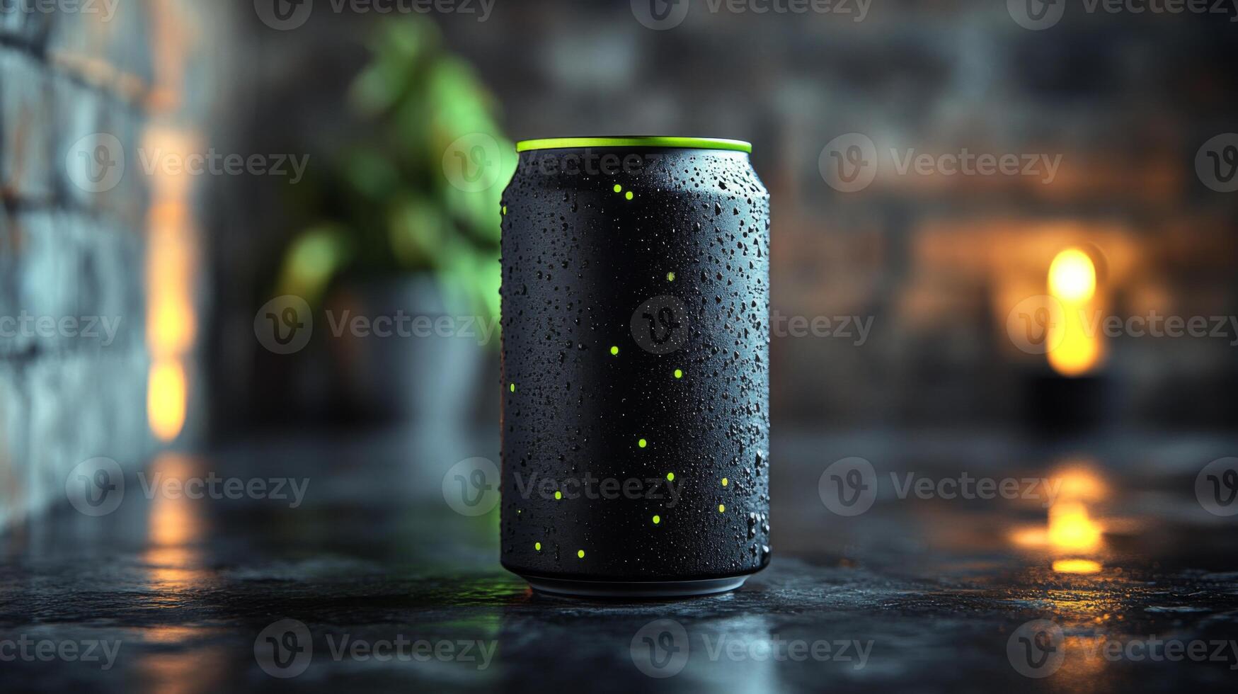 A distinctive black can adorned with bright spots rests on a reflective surface. The background features warm, soft lighting and hints of greenery, creating a tranquil atmosphere. photo