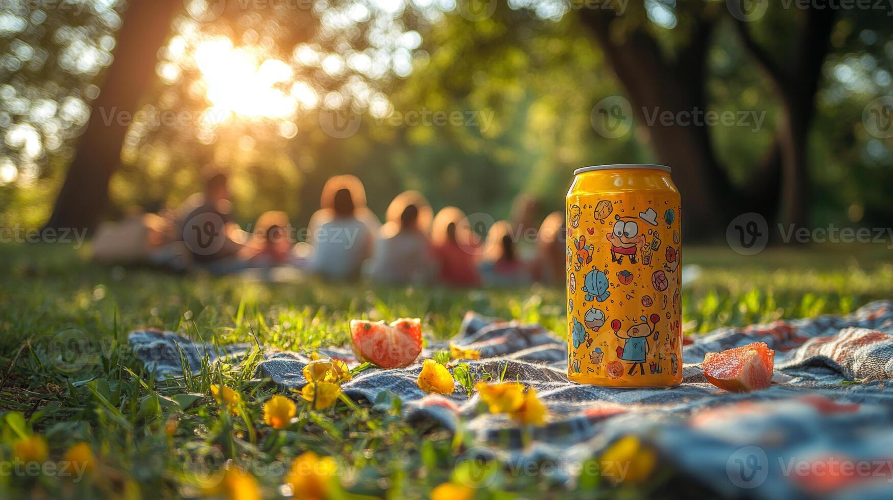 A colorful can sits on a checkered blanket, surrounded by fruit and flowers, while friends enjoy a sunny day together in the park, laughing and relaxing. photo