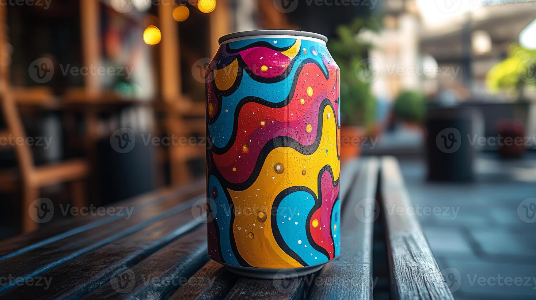 A vibrant beverage can featuring a swirl design rests on a wooden table. The setting includes outdoor seating and greenery, showcasing a lively atmosphere. photo