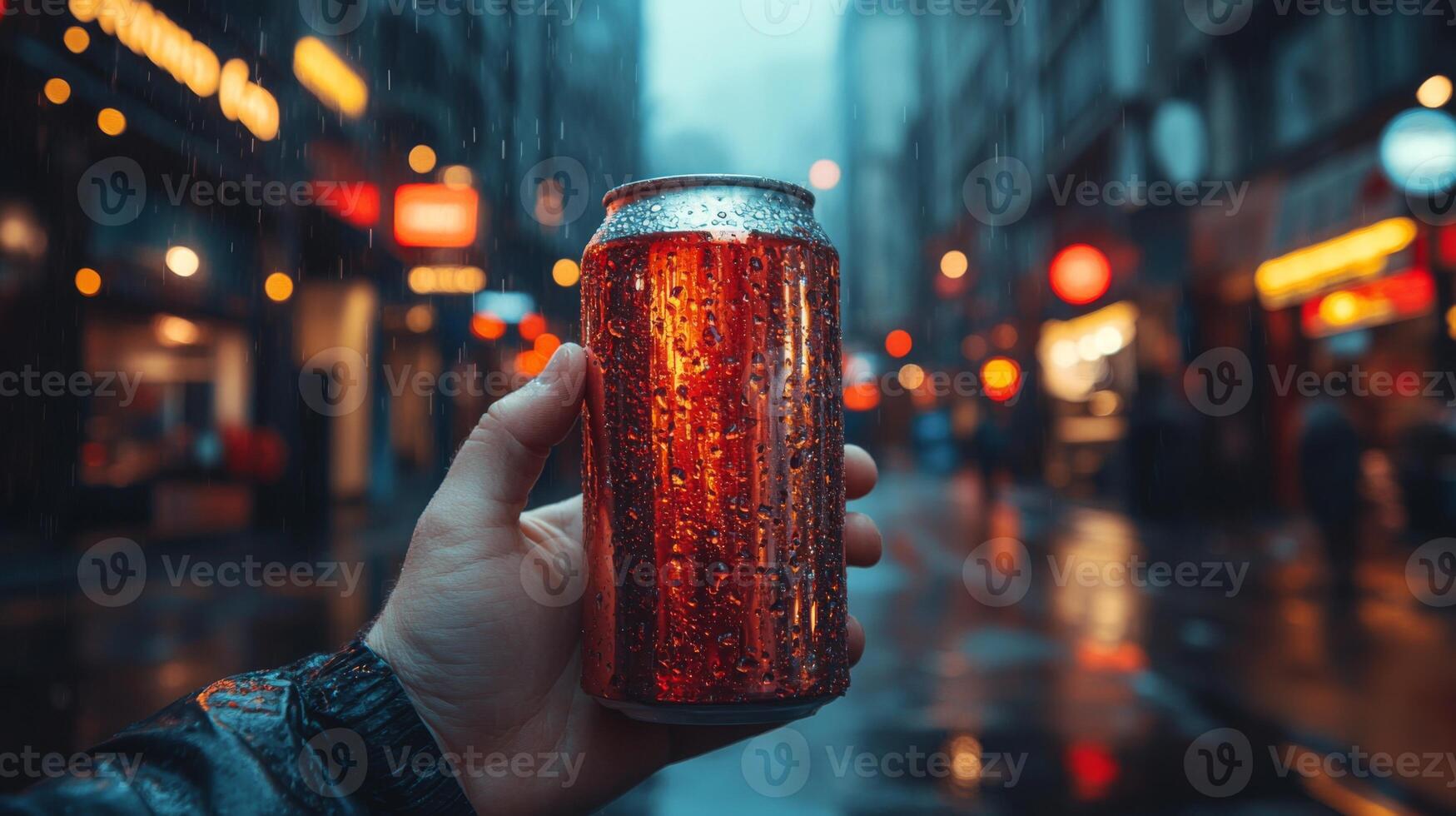A hand holds a condensation-covered can while vibrant city lights reflect in rain-soaked streets. The atmosphere is lively, with people moving around and a sense of urban energy. photo
