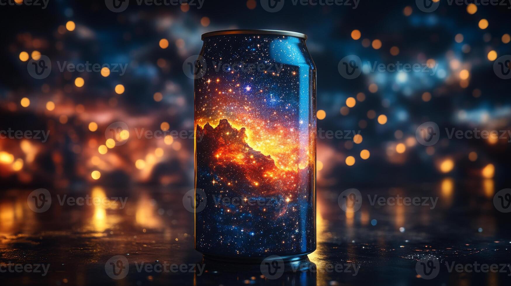 A striking can showcases an artistic cosmic design reminiscent of a galaxy, placed on a reflective surface surrounded by vibrant bokeh lights at night. photo