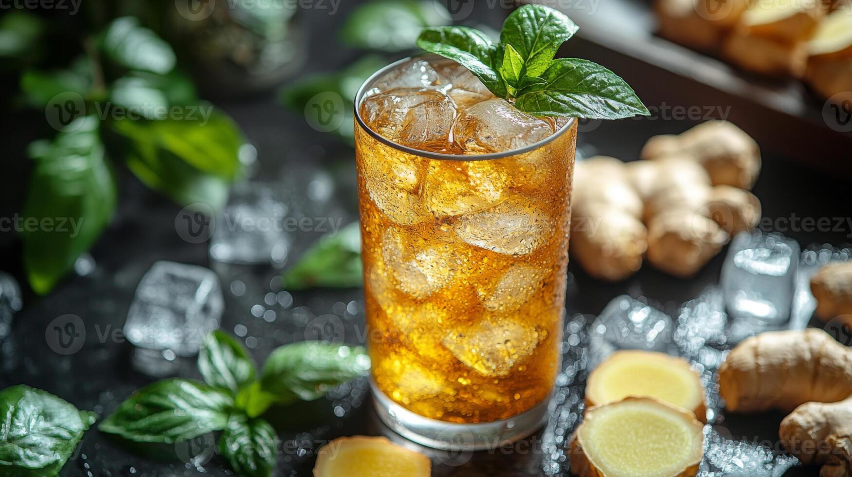 A tall glass filled with a sparkling iced drink featuring ginger and mint rests among fresh ginger roots and ice cubes. Lush green leaves enhance the inviting atmosphere. photo