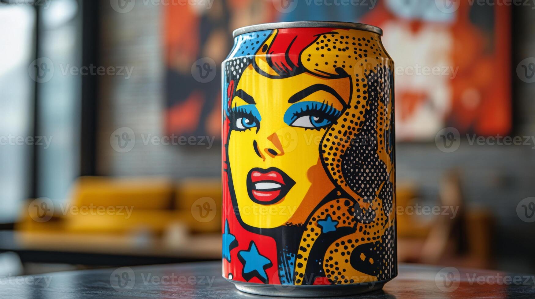 A vibrant beverage can stands prominently on a table, showcasing a striking pop art design of a woman. The cafe interior has a contemporary vibe with warm colors and art on the walls. photo
