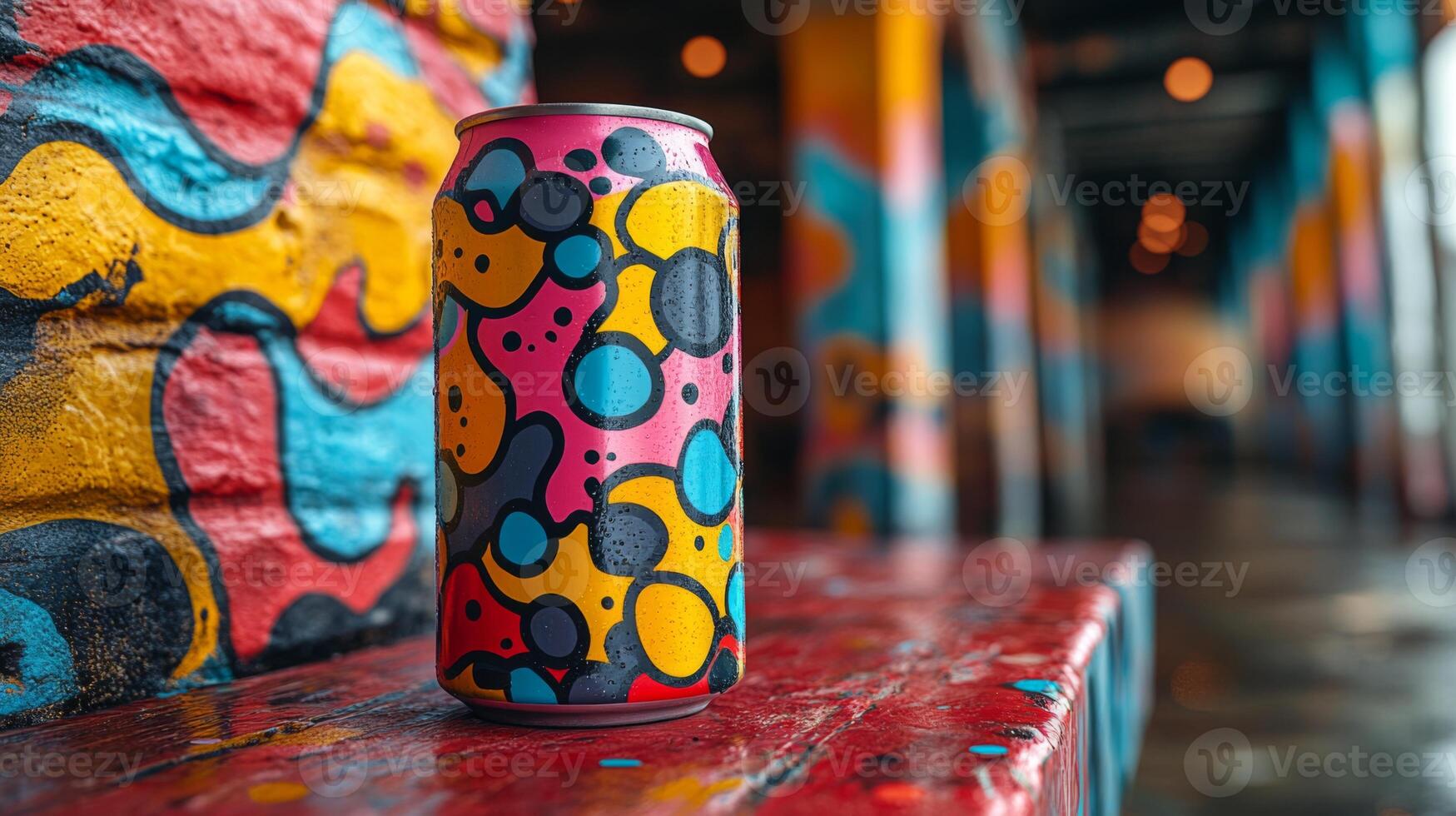 A can of beverage featuring a lively design rests on a wooden table, showcasing vibrant colors against a backdrop of artistic murals in an indoor space bustling with creativity. photo