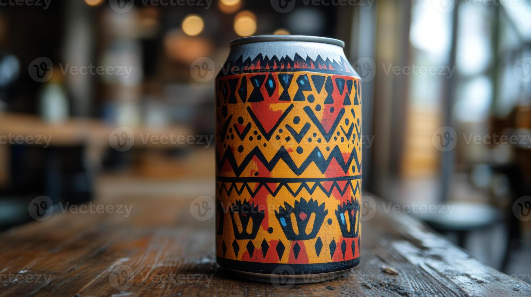A colorful beverage can adorned with intricate tribal designs is placed on a rustic wooden table. The indoor setting features a cozy atmosphere with soft lighting. photo