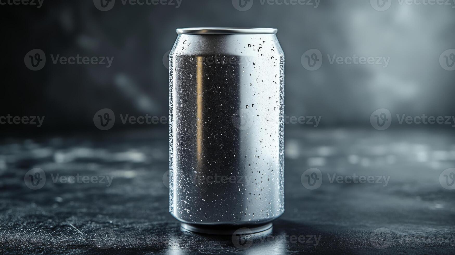 A silver aluminum can stands on a dark, textured surface showcasing droplets of condensation. The background is softly illuminated, creating a refreshing atmosphere. photo