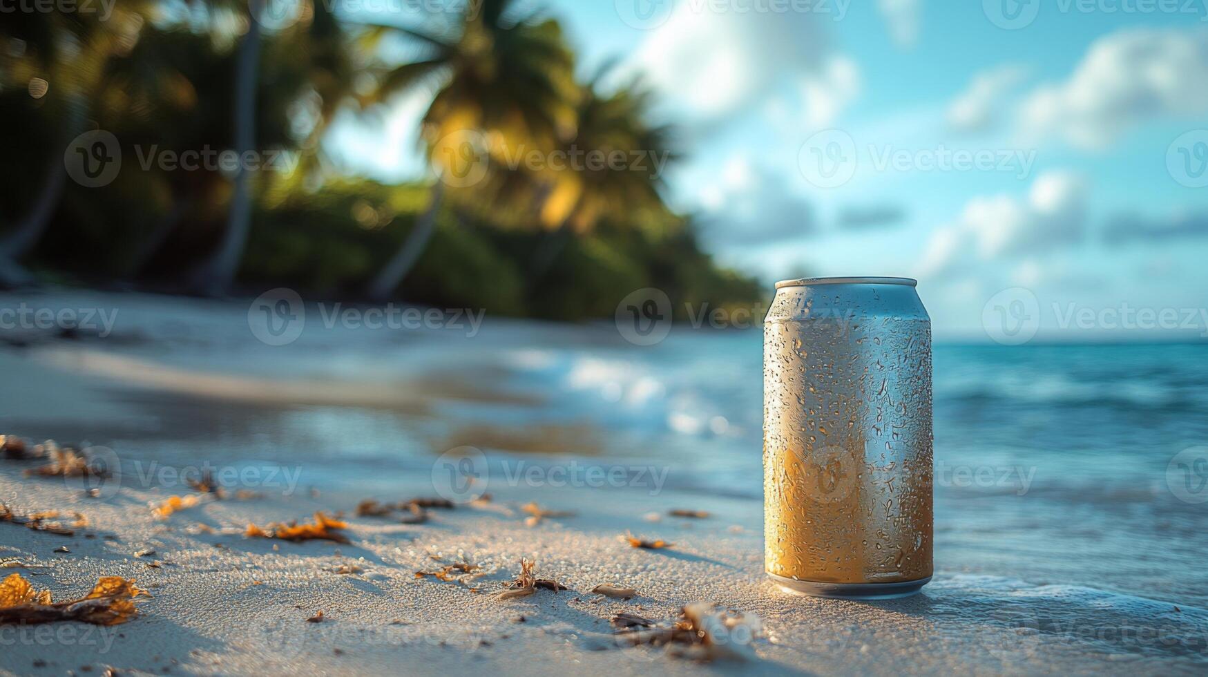 A cold can of drink is placed on the warm sand beside the ocean. The beach is lined with lush palm trees under a bright blue sky, capturing a relaxing tropical atmosphere. photo