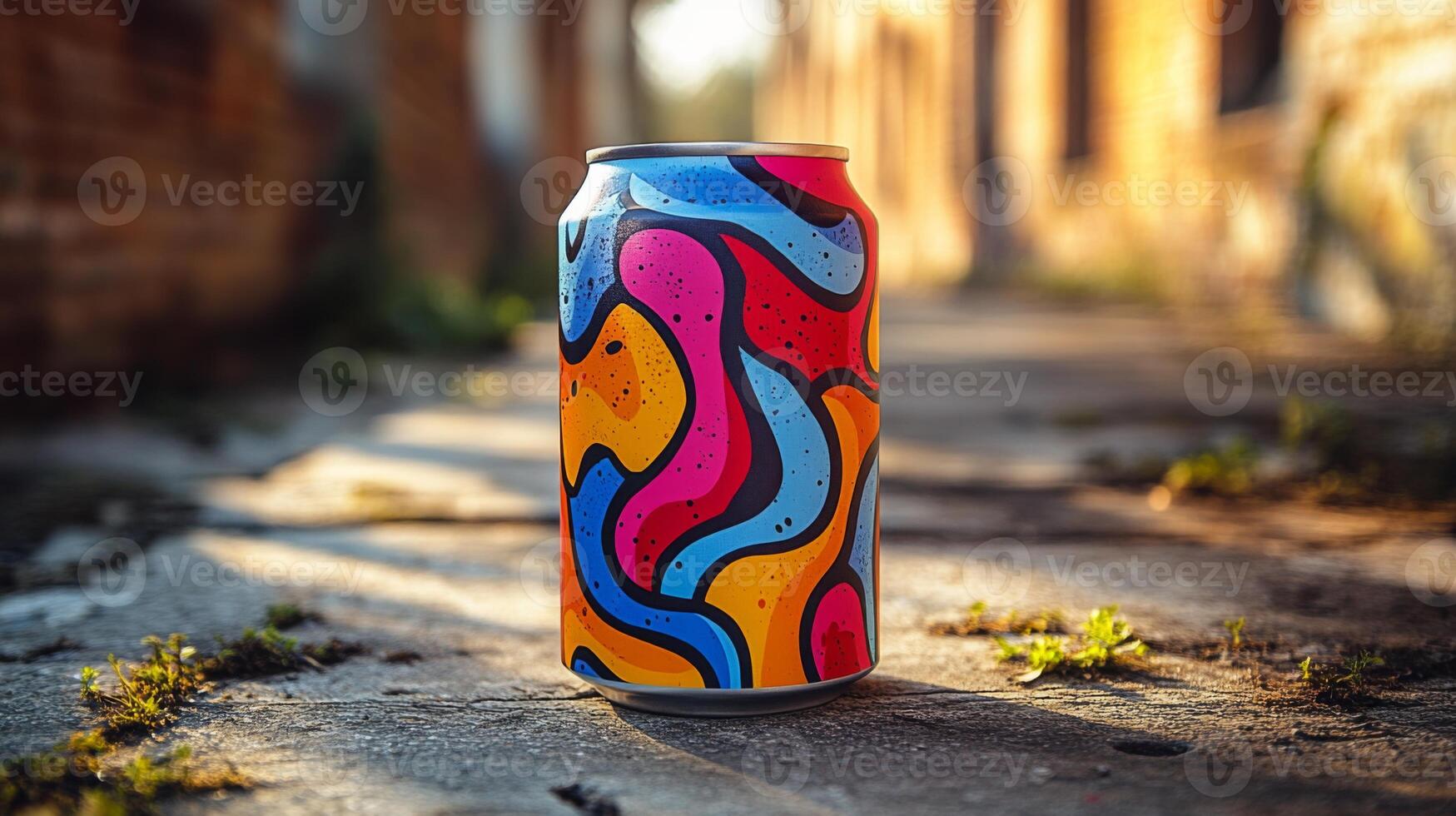 A vibrant, patterned can of drink stands against a backdrop of an old, worn path in an urban setting, illuminated by warm sunlight. The scene captures a blend of color and texture. photo