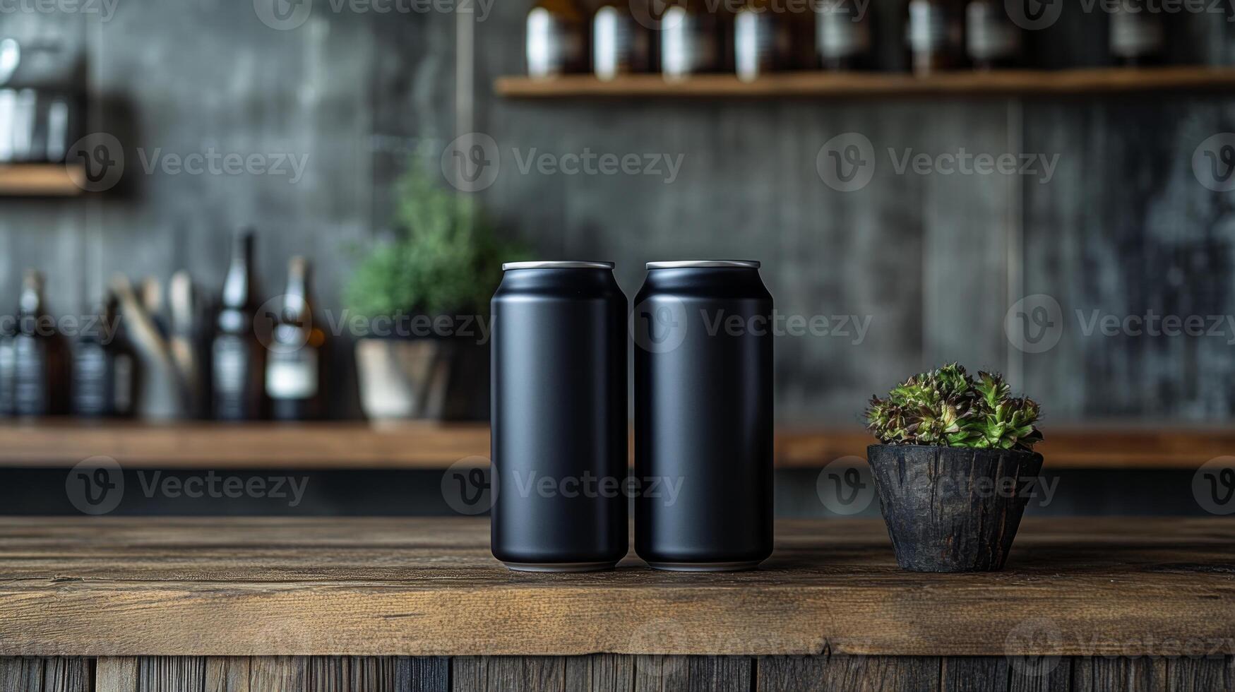 Two black beverage cans stand on a rustic wooden table surrounded by a contemporary backdrop featuring shelves lined with various bottles, adding to the atmosphere. photo